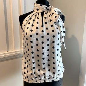 Black and white polka dot mock neck halter in satin with neck bow
